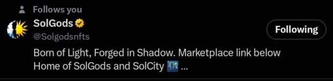 A Twitter profile card for SolGods (@Solgodsnfts) featuring a verified badge with a sun-and-moon avatar and the tagline "Born of Light, Forged in Shadow. Marketplace link below / Home of SolGods and SolCity," representing the NFT project the user is joining after gaining a follow from them.