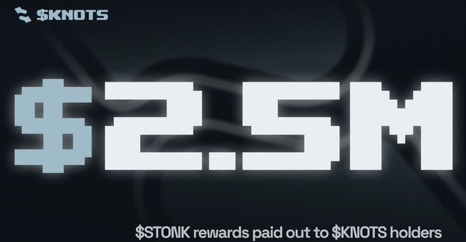 A promotional graphic from $KNOTS featuring large pixelated text displaying "$2.5M" against a dark wavy background, with the caption "$STONK rewards paid out to $KNOTS holders" at the bottom, visually emphasizing the milestone mentioned in the post about over $2.5 million in stonk rewards distributed to $KNOTS token holders.
