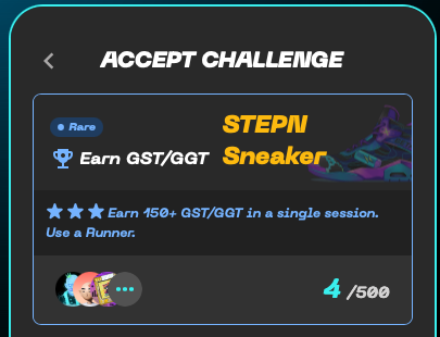 The image shows a screen with an acceptance challenge for a sneaker, specifically a StepN shoe. The challenge requires participants to earn points by completing various tasks or challenges related to sneakers. These tasks may include running, jumping, or other physical activities that demonstrate their connection to the StepN shoe. Once they accumulate enough points, they can redeem them for the StepN sneaker as part of the challenge.