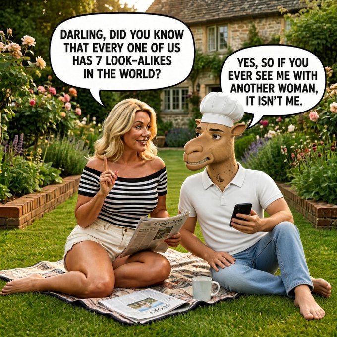 A surreal cartoon-style illustration of a blonde woman sitting on a lawn with a camel-headed man in a chef's hat; speech bubbles read 'DARLING, DID YOU KNOW THAT EVERY ONE OF US HAS 7 LOOK-ALIKES IN THE WORLD?' and 'YES, SO IF YOU EVER SEE ME WITH ANOTHER WOMAN, IT ISN'T ME.'