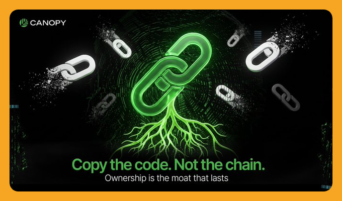 A Canopy-branded graphic features a glowing green chain link with roots extending below it, breaking apart other chain links, with the tagline 'Copy the code. Not the chain.' and 'Ownership is the moat that lasts.'