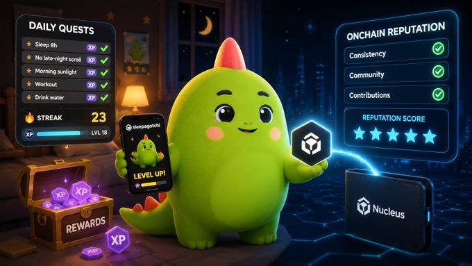 Promotional image for the sleepagotchi app featuring a green dinosaur mascot, displaying Daily Quests (Sleep 8h, No late-night scroll, Morning sunlight, Workout, Drink water) with a 23-day streak at Level 18, Onchain Reputation metrics, and Nucleus branding.