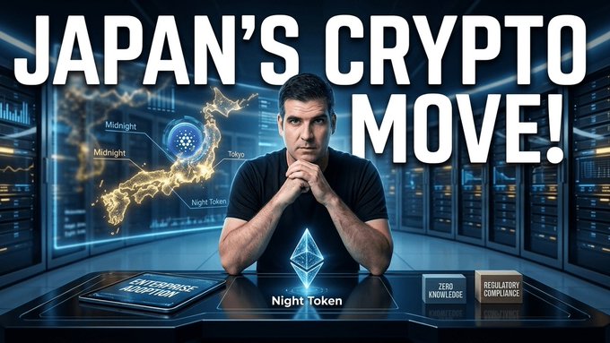 The image shows a man in a black shirt sitting at a desk with an Ethereum "Night Token" logo, with "JAPAN'S CRYPTO MOVE!" prominently displayed above him alongside a map of Japan highlighting Tokyo, Midtown, and Midnight locations. The post announces Charles Hoskinson's official confirmation of a major Cardano Japan partnership, which the image visually reinforces by emphasizing Japan as a key market for Cardano-related developments, particularly the Midnight and Night Token initiatives.