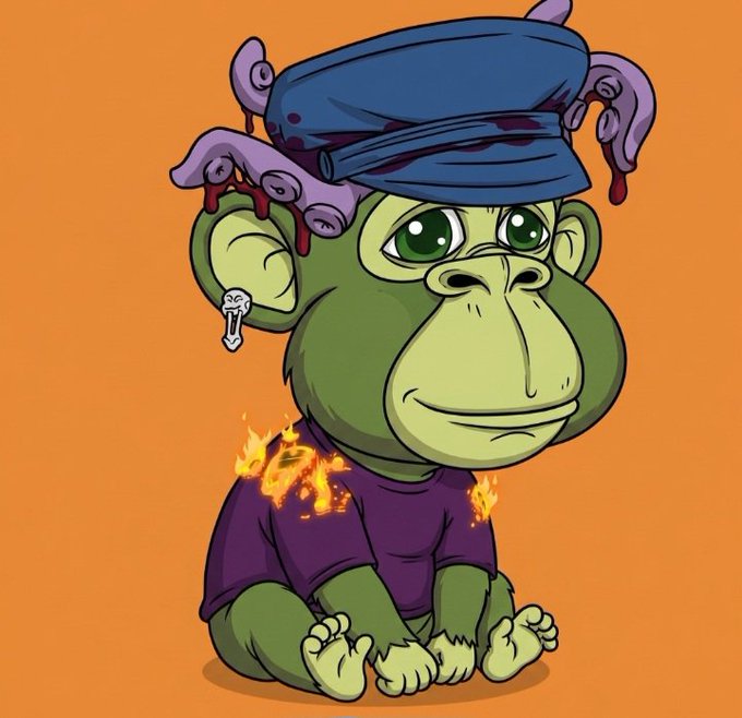 An illustration of a green baby ape wearing a blue police cap with purple tentacles emerging from it, dressed in a purple shirt with flames on it, against an orange background.