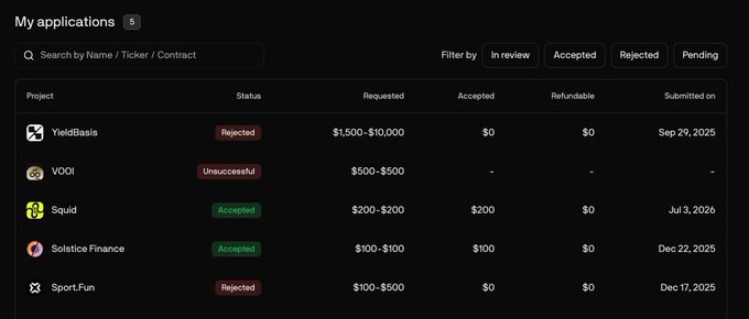 The image displays a "My applications" dashboard tracking five project submissions—YieldBasis (Rejected), VOII (Unsuccessful), Squid (Accepted, $200), Solstice Finance (Accepted, $100), and Sport.Fun (Rejected)—alongside a post discussing potential participation in a $JUMP project. The dashboard serves as visual evidence of the author's track record with similar launchpad applications, supporting their assertion that past Legion launches have generally been profitable, with accepted projects like Squid and Solstice Finance showing actual accepted payouts.