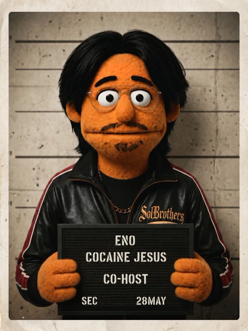 The image features a cartoon character, possibly a mime or clown, holding up a sign that reads "Eno - Co-Host". The text on the sign indicates that the character wants to be featured in the solana ecosystem call, suggesting they have won some sort of contest or achievement related to the platform. 

The image also includes a date and time stamp, which is likely used for tagging purposes.