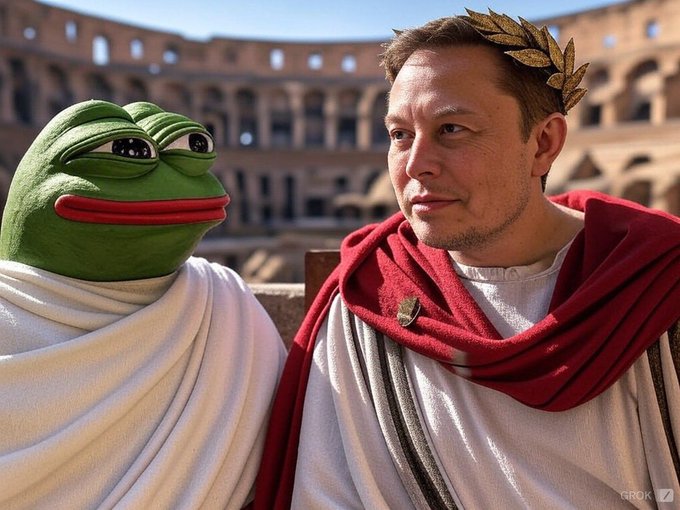A digitally created scene showing the Pepe the Frog meme character dressed in a white toga alongside a man styled as an ancient Roman figure with a golden laurel wreath and red cloak, set against the backdrop of the Colosseum, with a 'GROK' watermark in the corner.