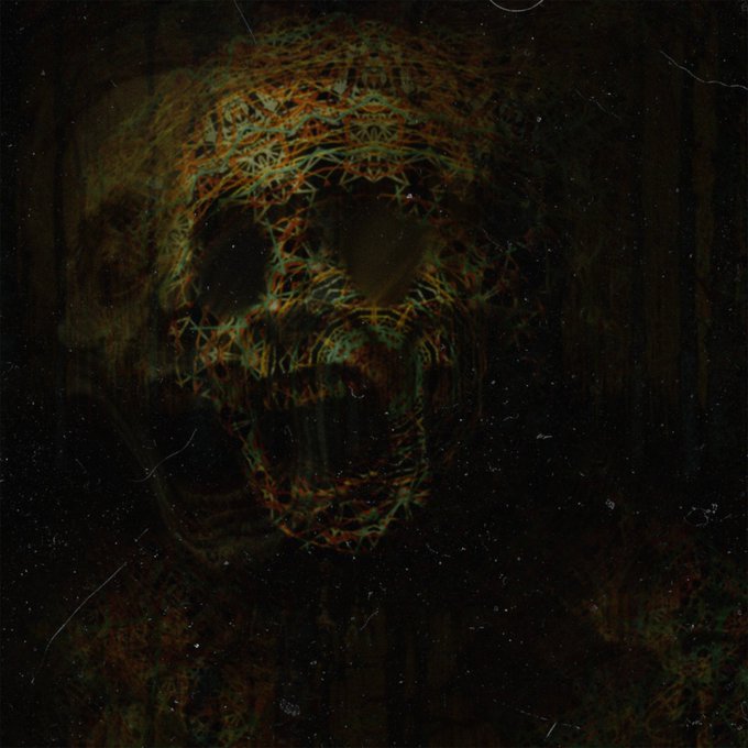 A dark, abstract, textured image resembling a skull or face rendered in eerie green and orange tones.