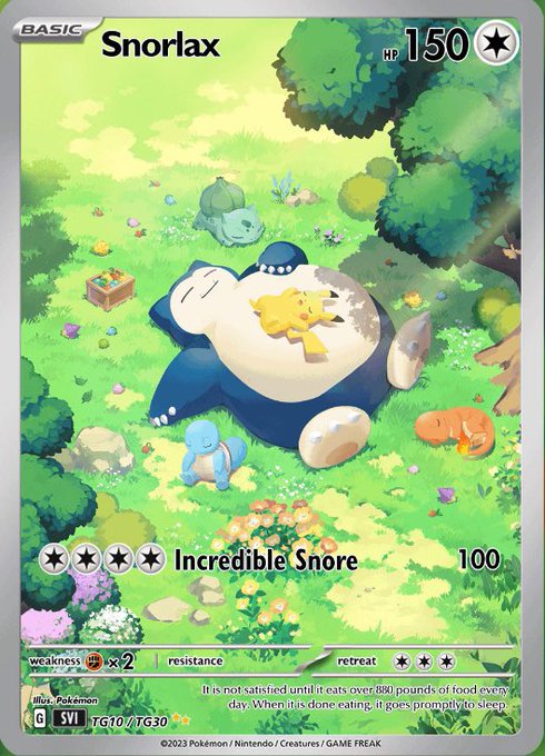 A Snorlax Pokémon trading card featuring an illustration of Snorlax sleeping in a grassy field with Pikachu, Squirtle, Bulbasaur, and Charmander nearby; the card shows 150 HP, an attack called 'Incredible Snore' for 100 damage, and is card TG10/TG30.