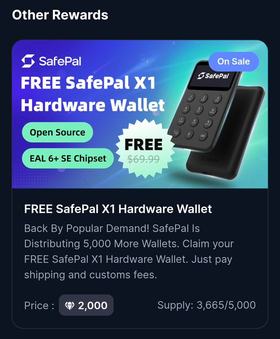 A promotional graphic for a 'FREE SafePal X1 Hardware Wallet' valued at $69.99, showing the black device and mentioning features like 'Open Source' and 'EAL 6+ SE Chipset', with a price of 2,000 and supply of 3,665/5,000.