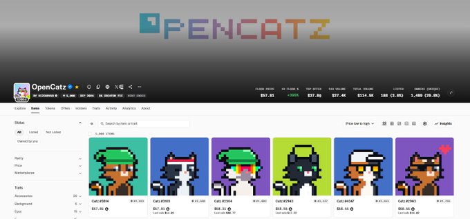 A webpage header for 'OPENCATZ' displaying an NFT collection called 'OpenCatz' with pixel-art cat profile pictures listed for sale, showing prices in ETH and USD.