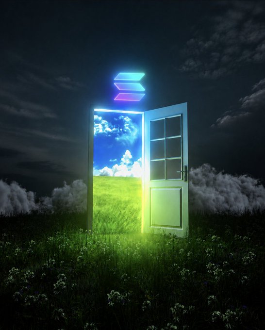 A glowing door stands open in a dark, grassy field, revealing a bright, vibrant landscape of green fields and blue skies, with a neon Solana (SOL) logo hovering above. The image symbolizes how Solana opens the door to a more enjoyable and colorful crypto experience, visually reinforcing the message that "Solana makes crypto fun."