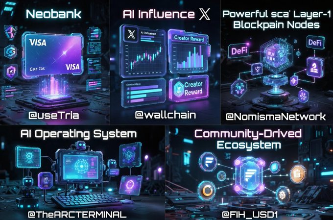 The image features four different posts or ads for various companies, each showcasing a unique product or service related to cryptocurrency and blockchain technology. The first post is about a NeoBank account that allows users to manage their finances with ease using Bitcoin and other cryptocurrencies. The second post focuses on a VISA card reader designed specifically for crypto transactions. The third post highlights the power of AI in analyzing data, such as network influence and spending patterns, through a visualization tool called @wallchain. Lastly, the fourth post emphasizes the importance of community-driven ecosystems by showcasing a project named @nomsamaNetwork that connects users with like-minded individuals for collaborative efforts.