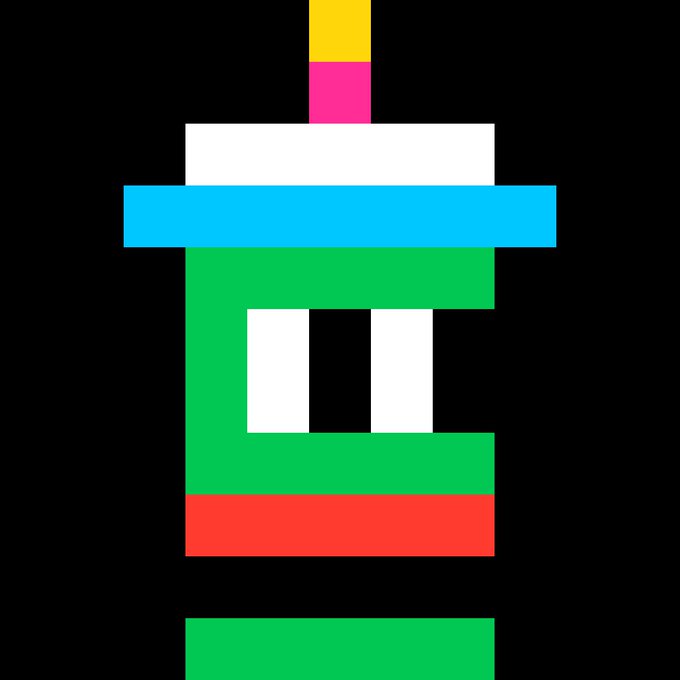 A simple pixel art illustration of a green character with a blue hat topped with yellow and pink accents, featuring a wide smile against a black background.