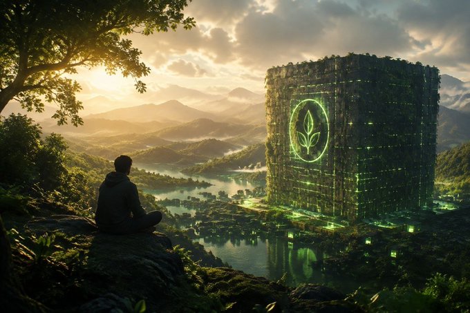 A digital illustration of a person sitting on a cliffside, looking out over a serene valley and river towards a massive, glowing green cube structure with a leaf emblem.