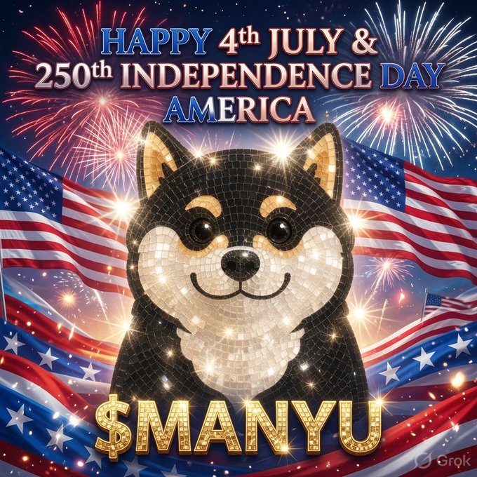 A festive image celebrating 'HAPPY 4th JULY & 250th INDEPENDENCE DAY AMERICA' featuring a mosaic-style Shiba Inu dog surrounded by American flags and fireworks, with the text '$MANYU' in gold below.