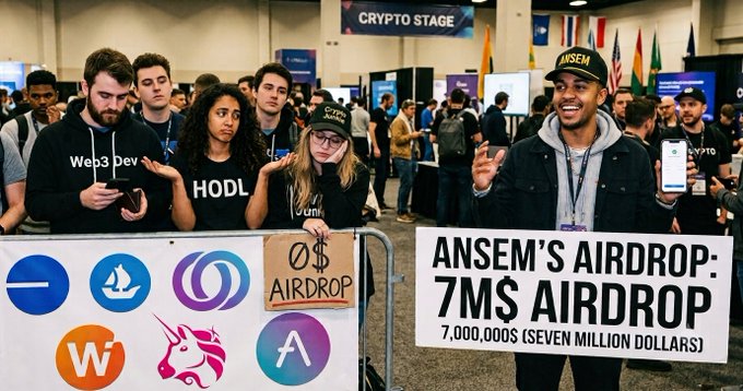 Attendees gather at a "CRYPTO STAGE" event wearing hats and apparel referencing crypto culture, including a "HODL" shirt, a "Web3 Dev" hoodie, and an "ANSEM" cap, while a prominent sign declares "ANSEM'S AIRDROP: 7MS AIRDROP 7,000,000$ (SEVEN MILLION DOLLARS)"—visually amplifying the post's point that a lucrative Ansem airdrop recently distributed $7 million and has become the next rallying benchmark being compared to SOL's historic $1 = $1 valuation.