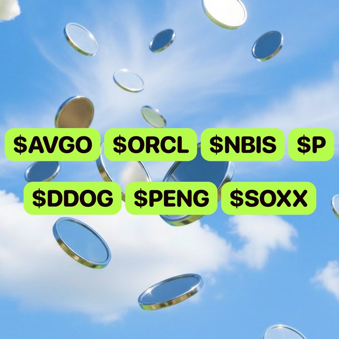 Shiny coins fall against a bright blue sky backdrop, overlaid with lime green labels displaying the new stock token tickers $AVGO, $ORCL, $NBIS, $P, $DDOG, $PENG, and $SOXX to announce the newly available trading pairs on Pons.