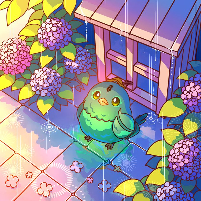 A colorful illustration of a small green bird sheltering under a wooden roof during a rainstorm, surrounded by pink and purple hydrangea flowers.