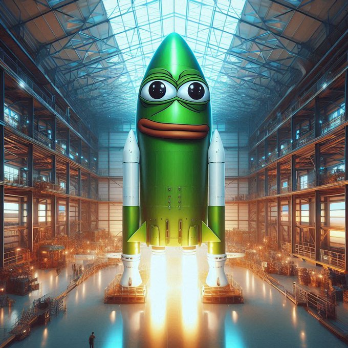 A giant Pepe the Frog-themed rocket ship blasts off inside an industrial hangar, firing its engines as a lone figure watches below. The image humorously visualizes the post's message that $PEPE is "the meme coin to watch rn," symbolizing the token's rocket-like momentum in the crypto market.