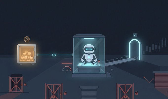 An illustration of a small robot inside a glass display case, surrounded by locked crates and a glowing safe, with a checkmark-lit doorway to the side.