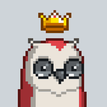 A pixel art image of a white owl character with large glasses, a red cape, and a gold crown floating above its head, set against a gray background.