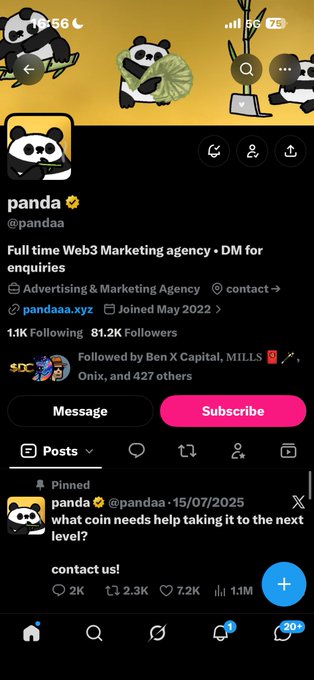 Twitter/X profile page for "panda" (@pandaa), described as a Web3 Marketing agency, showing 81.2K followers and a pinned post about crypto marketing services.