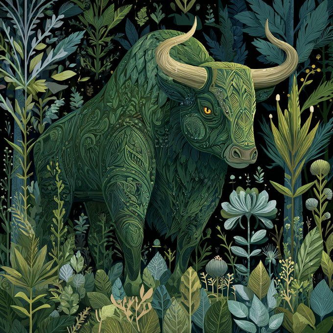 A detailed illustration of a green bull with intricate decorative patterns on its body, standing among lush, stylized foliage in a forest setting.