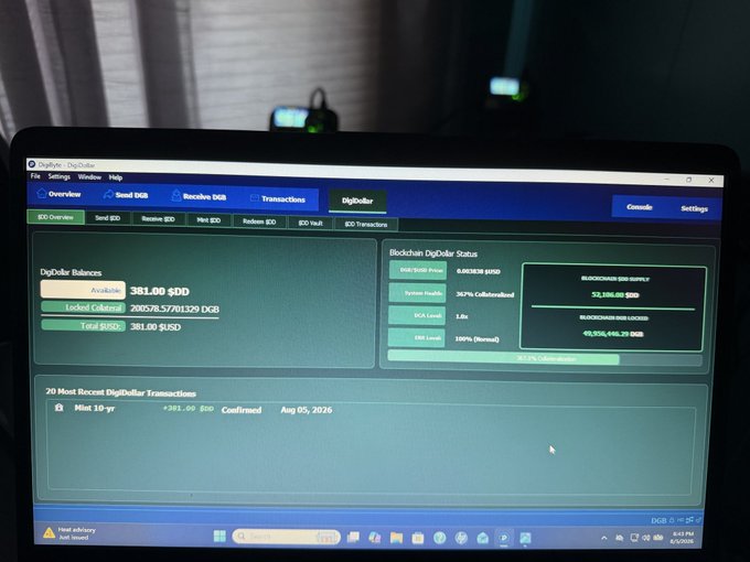 A laptop screen displays the DigiDollar DigiNode interface showing DigiDollar Balances (Available: 381.00 $DD, Locked: 20676.5780129 DGB, Total $DD: 381.00 $DD), Blockchain DigiDollar Status, and '20 Most Recent DigiDollar Transactions' with one transaction listed.