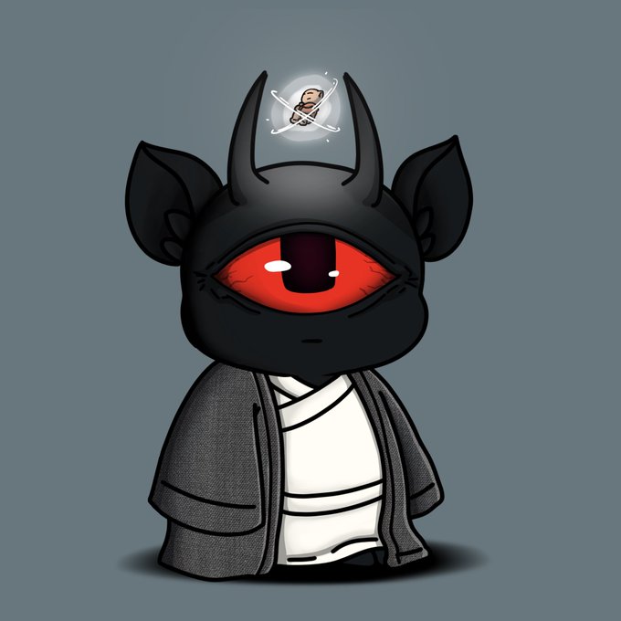 A digital illustration of a black creature with a large red eye, horns, a gray jacket over a white shirt, and a small glowing Spartan helmet emblem above its head, set against a gray background.