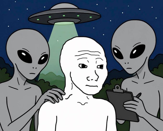 A cartoon drawing of a worried 'Wojak' character being examined by two gray aliens under a UFO's green tractor beam at night.