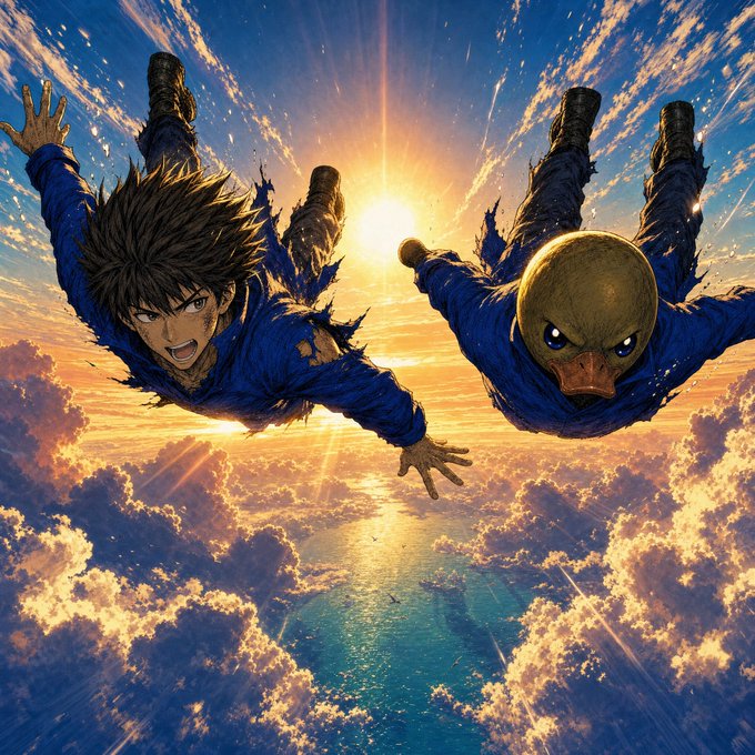 Two anime characters dive headfirst through golden clouds toward a sunlit sea, mirroring the soaring optimism of "gm $EPIK ducks" — a playful nod to the meme of "up only" crypto enthusiasm taking flight.