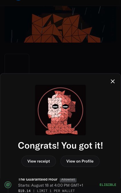 Screenshot of an NFT purchase confirmation reading "Congrats! You got it!" for "The Guaranteed Hour" from an Allowlist at $19.14, with options to view receipt or profile.