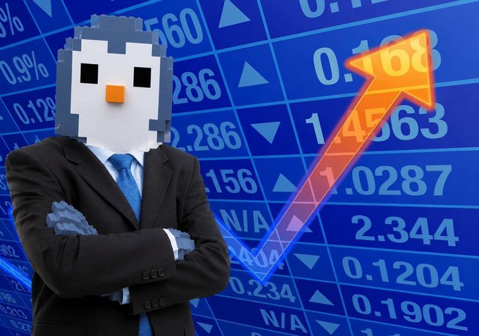 A pixelated penguin character in a business suit with arms crossed against a blue stock market background showing numbers and an orange upward arrow.