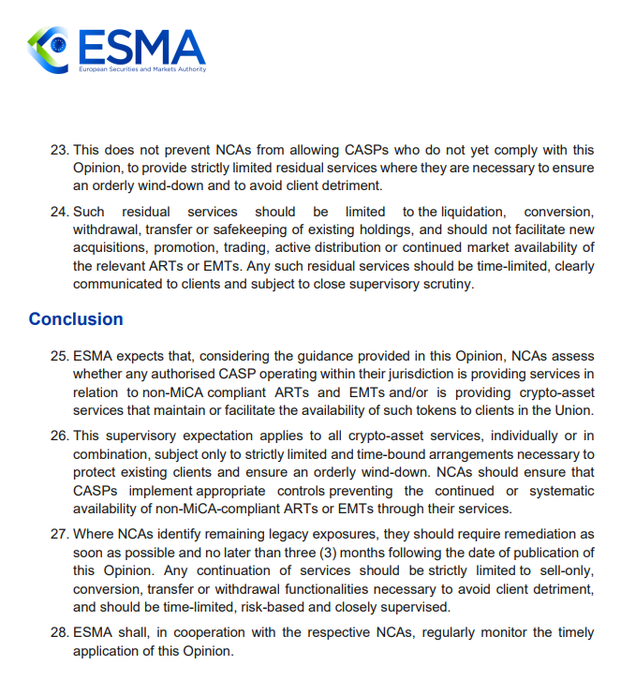 ESMA Opinion document (paragraphs 23-28 and Conclusion) outlining that national regulators should require crypto-asset service providers to address non-MiCA compliant ART and EMT exposure, with remediation required within three months and only limited residual services like liquidation and withdrawal permitted.