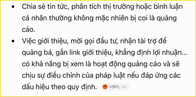 Vietnamese text warning about advertising disclosure, noting that news sharing, market analysis, and personal opinions are not typically considered advertising, while investment introductions and sponsorships may be subject to legal regulations.
