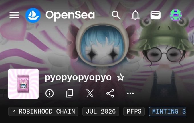 The image shows an OpenSea profile page for "pyopyopyo" featuring a character with blue hair and a frog-wearing-glasses avatar, tagged as a Robinhood Chain mint from July 2026 in its "MINTING" status, while the accompanying post highlights it as one of two interesting current mints on the Robinhood Chain alongside @ASCIIcats_.