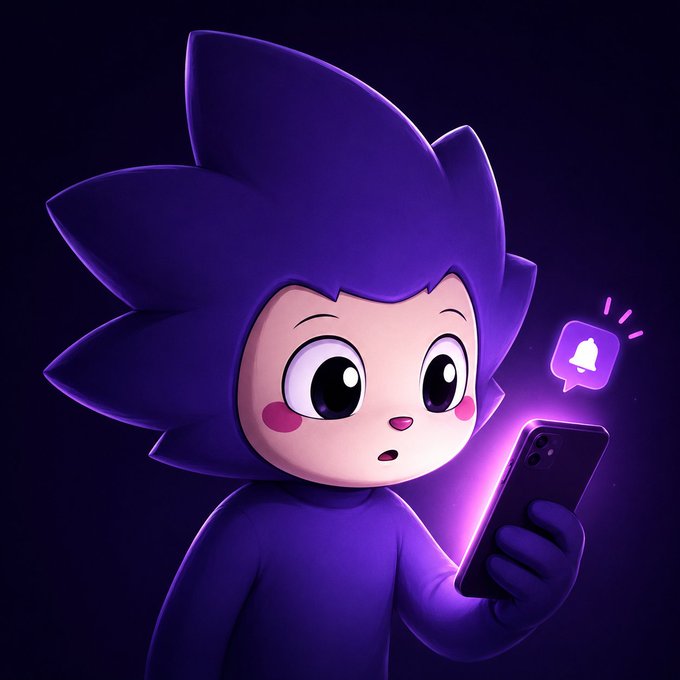 A cute purple cartoon character with spiky hair looking at a smartphone with a notification bell icon popping up, set against a dark purple background.