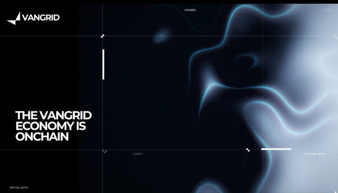 A dark digital graphic for VANGRID reads 'THE VANGRID ECONOMY IS ONCHAIN' against an abstract glowing blue background.
