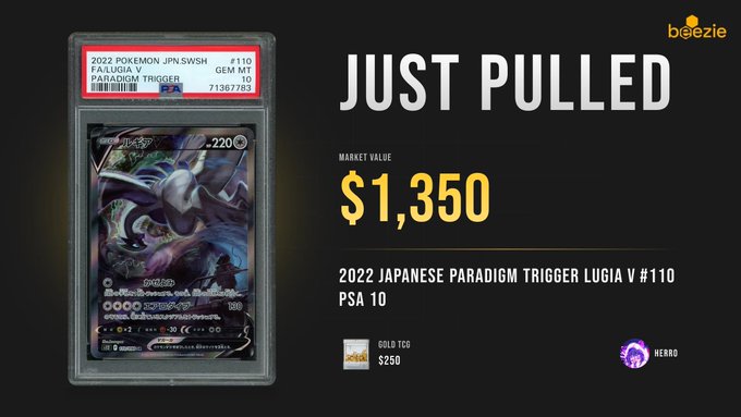 The image features a card game product called "Just Pulled", which has been listed for sale by someone named "tcg" (short for "trickscope gaming") at BLEZEI Card Game. There are several other cards available as well, with their prices ranging from $1 to $350, but this is the main card being advertised in the image. The post provides an explanation of a market value of $1,350 for this product and emphasizes its quality and exclusivity, suggesting that it is a valuable addition to any TCG player's collection.