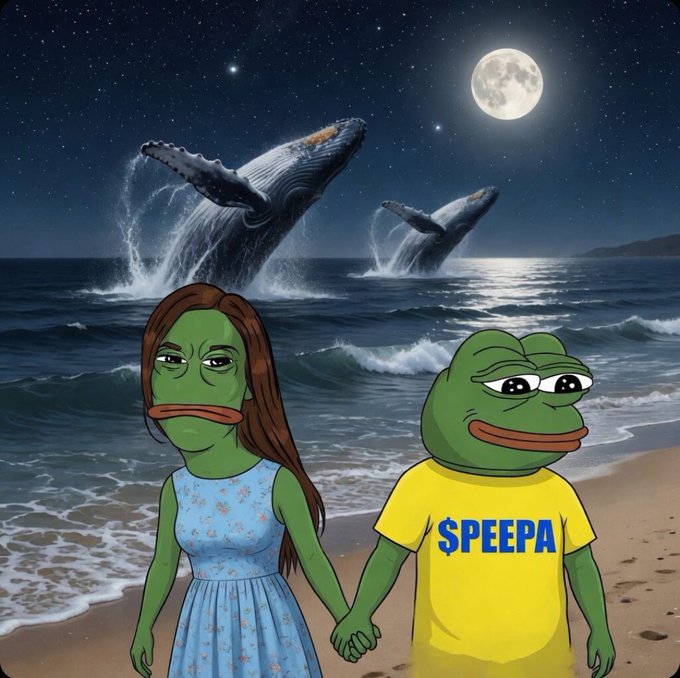 The image features two cartoon frogs, one wearing a blue dress and the other wearing a yellow shirt with "Speepa" written on it. The frog in the blue dress has her eyes closed while standing next to the frog in the yellow shirt who is smiling at her. They are both holding hands as they stand together on a beach near the ocean. The image also includes a full moon and two large humpback whales, creating an interesting and whimsical scene that complements the cartoon frogs' theme.