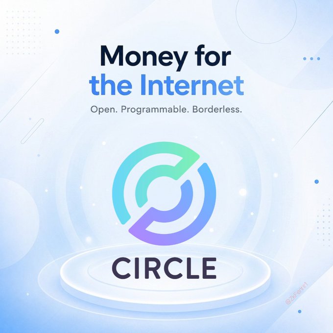 A promotional graphic with the text 'Money for the Internet' and 'Open. Programmable. Borderless.' features a teal and purple logo for 'CIRCLE' above a glowing platform, watermarked '@2ferrari'.