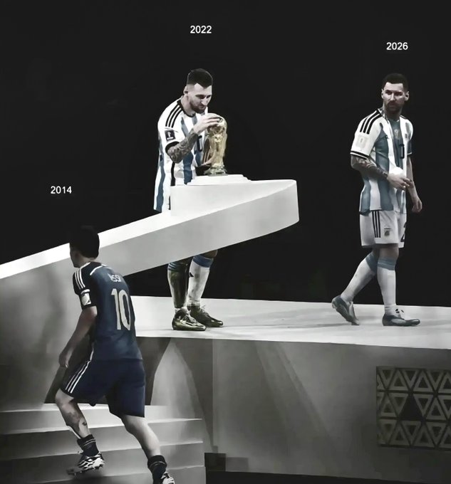 A composite image showing Lionel Messi at different stages of his career, labeled 2014, 2022, and 2026, depicting him looking back in 2014 and looking sad in 2026.