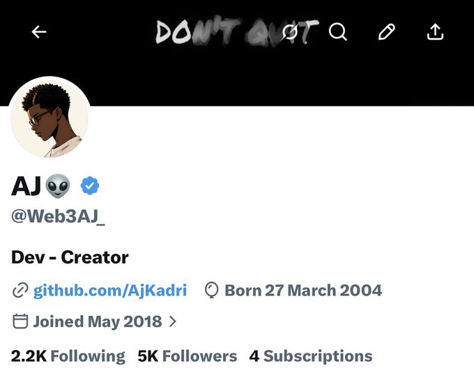 The image shows an X (Twitter) profile for "AJ" (@Web3AJ_), a Dev-Creator born 27 March 2004, with a custom "DON'T QUIT" header, 5K followers, and 2.2K following. The caption "a ct account with 5k frens and zero haters" aligns with the visible 5K follower count, highlighting the account's clean, drama-free presence.