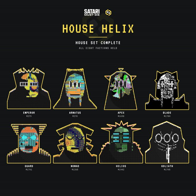 Pixel art infographic titled 'HOUSE HELIX' by Safari Must Die, showing eight pixelated faction characters (Emperor, Arnatus, Apex, Blade, Guard, Nomad, Helios, Goliath).