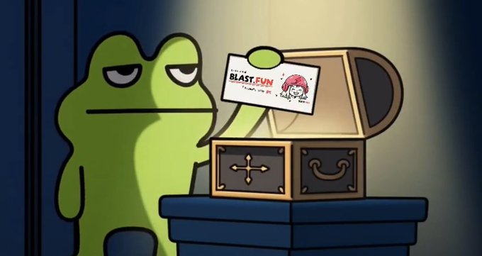 A cartoon green frog character standing next to an open treasure chest revealing a tag that reads 'BLAST.FUN' with a small mushroom illustration.