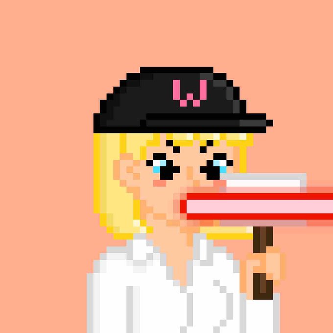 A pixel art depiction of a blonde character wearing a black cap with a pink symbol, crying while brushing their teeth with a red and white toothbrush.