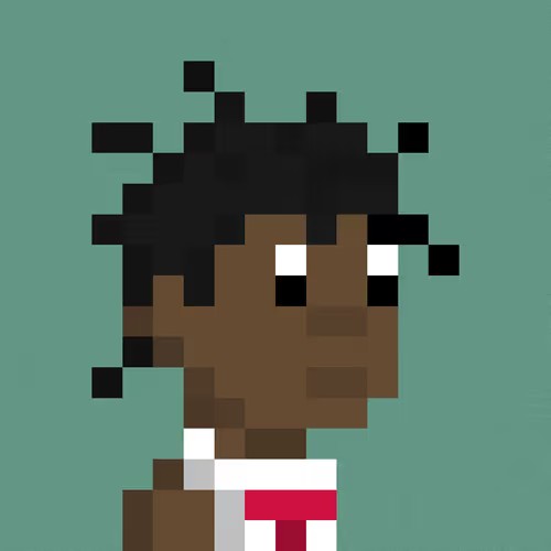 A pixel art illustration of a dark-skinned character with curly black hair wearing a white tank top with red trim against a teal background.