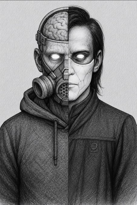 A black-and-white pencil sketch portrait split vertically down the middle, showing the left side as a mechanical, exposed-brain cyborg with a gas mask and the right side as a human with a cracked face.