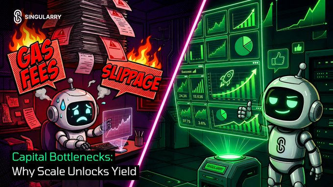 A graphic for 'SINGULARITY' titled 'Capital Bottlenecks: Why Scale Unlocks Yield' features two robots, one stressed amid 'GAS FEES' and 'SLIPPAGE', and one successful with upward charts.